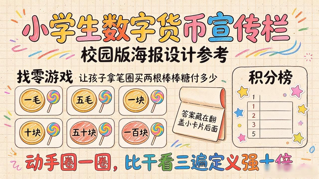 小学生数字货币宣传栏怎么做？校园版海报设计参考