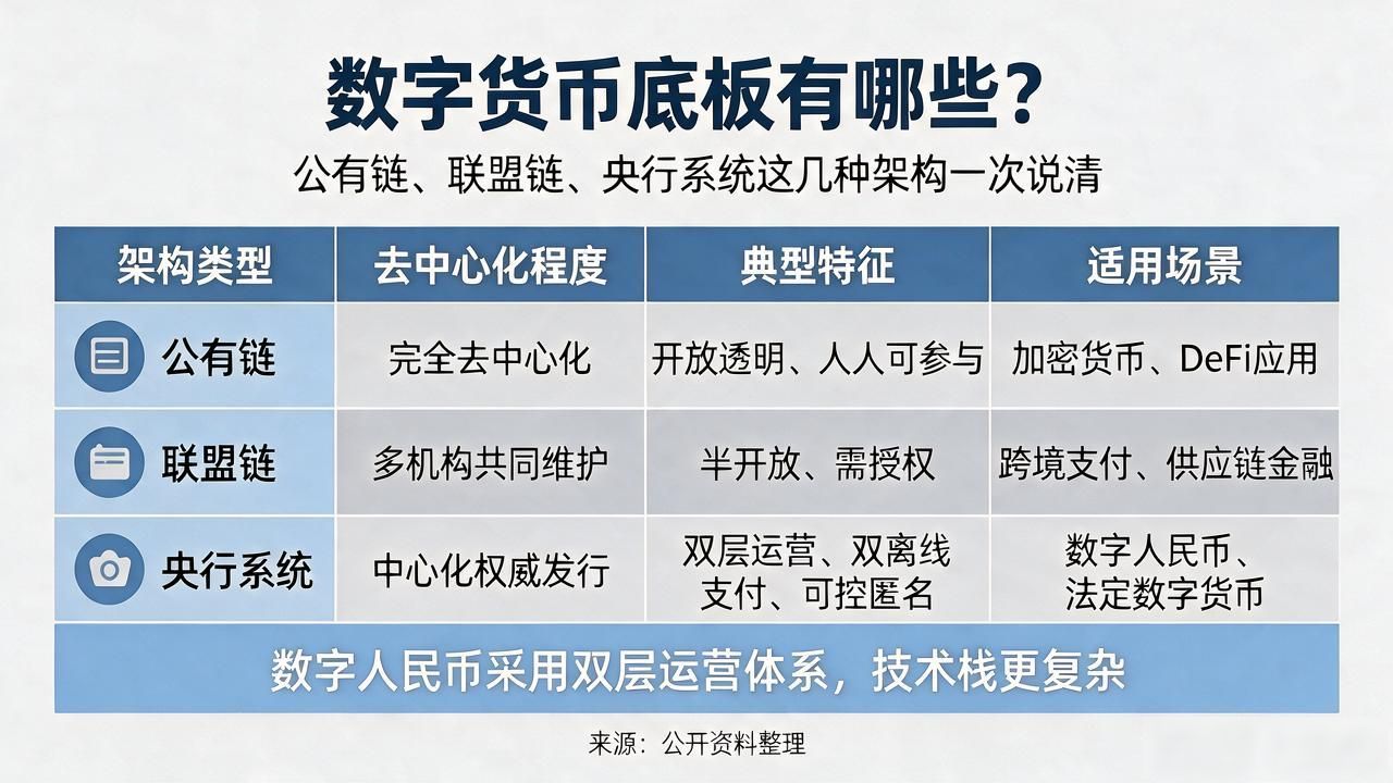 数字货币底板有哪些？公有链、联盟链、央行系统这几种架构一次说清